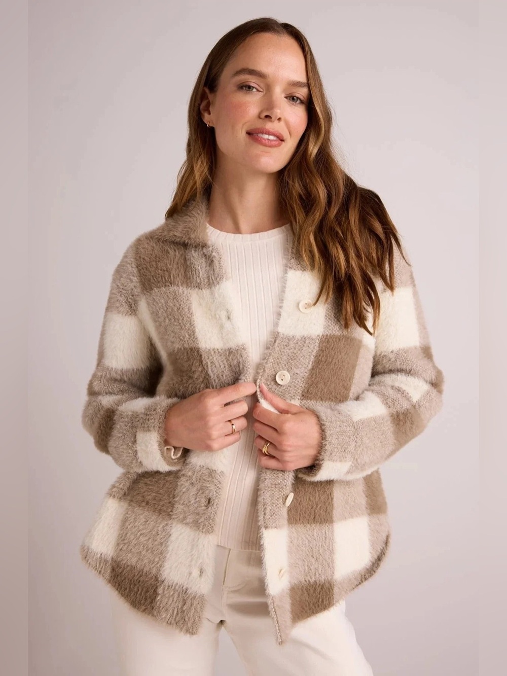 Bella Dahl Knitted Fuzzy Shacket in Ivory Sand size XS